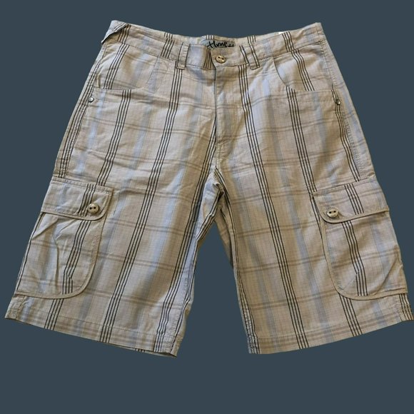 HR 80 1st Level Other - Mens Sz 34 Lightweight Cargo Shorts 12" Tan Plaid Adjustable Drawstring Waist HR